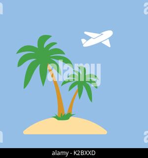 Icône stylisée palmiers sur une île dans l'océan et d'un avion en vol sur l'arrière-plan Illustration de Vecteur