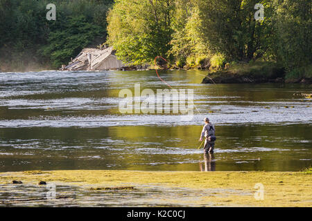 Pêche à la mouche pêcheur non identifiés dans les saumons de la rivière Gaula près de Sande ville. La Norvège. Banque D'Images