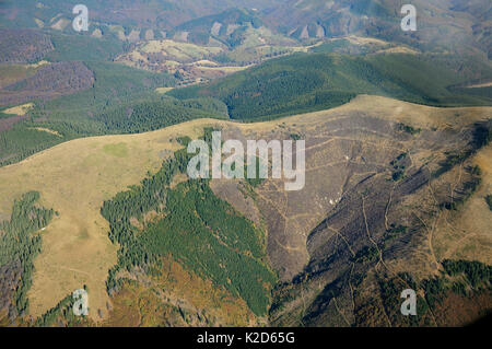 Vue aérienne de la déforestation dans les montagnes Sureanu. Carpates, Roumanie. Octobre, 2014. Banque D'Images