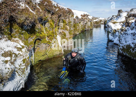 Scuba Diver à venir après une plongée à l'intérieur de la fissure volcanique, Nesgja dans le Parc National de Asbyrgi, le nord de l'Islande Banque D'Images