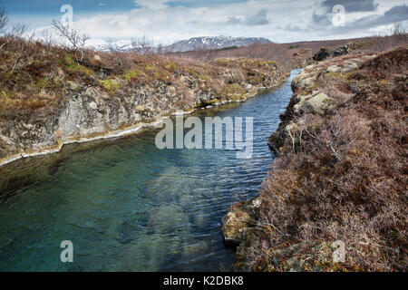 Voir d'Davíosgja fissure situé dans le lac Thingvellir, un favori parmi les plongeurs locaux mais pas aussi célèbre que le Parc National de Thingvellir, Silfra S.p.a., en Islande. Banque D'Images