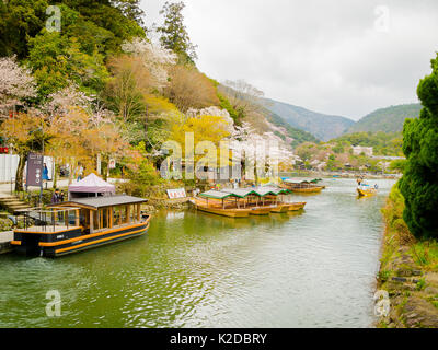 HAKONE, JAPON - Juillet 02, 2017 : les touristes des barques sur un lac sous de beaux cerisiers à Chidorigafuchi parc urbain au cours de Festival à Tokyo Sakura Hanami affichage des cerisiers en fleurs est une activité populaire au Japon Banque D'Images