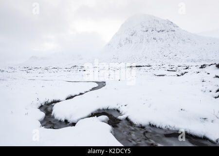 Devil's Point et petit ruisseau dans la neige, le Parc National de Cairngorms, Highlands d'Ecosse, Royaume-Uni, janvier 2016. Banque D'Images