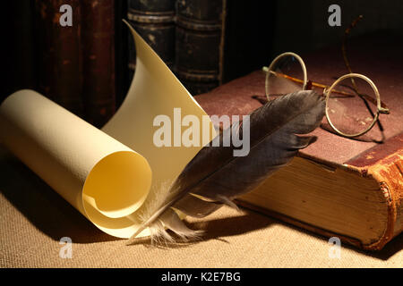 Concept d'écriture. Vintage still life with yellow faites défiler jusqu'à la plume d'oie et près de vieux livres Banque D'Images