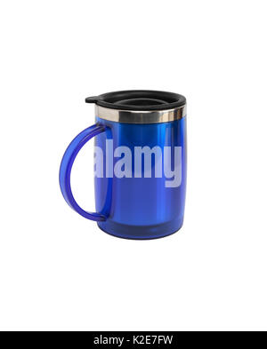 Moderne Bleu petit thermos isolé sur blanc avec clipping path Banque D'Images