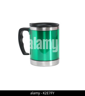 Vert moderne petit thermos isolé sur blanc avec clipping path Banque D'Images