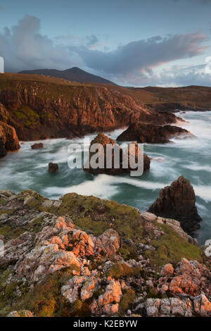 Lumière du soir sur la côte ouest de Lewis, Mangersta / Mhangurstadh Traigh, îles Hébrides, Ecosse, Royaume-Uni, octobre 2014. Banque D'Images