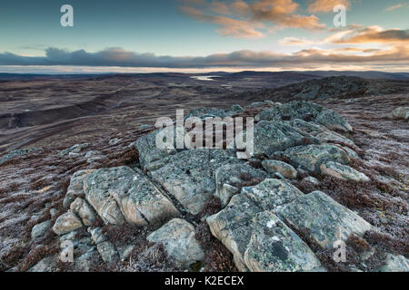 Vue nord de Creag un Righ sur la lande environnante et Lochindorb, Highland, Scotland, UK, mars 2016. Banque D'Images