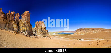 Paysage de l'Altiplano de la cathédrale avec le Salar de Tara, Parc Naturel de Los Flamencos, Aguas Calientes, Désert d'Atacama, Chili, d'une altitude de 4430 m au-dessus du niveau de la mer. Banque D'Images