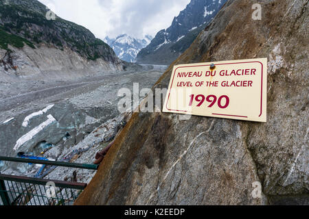 Panneau indiquant où limiter de 'Mer de glace' (mer de glace, glacier) utilisé pour être en 1990, Chamonix, Mont-Blanc, Alpes, Haute-Savoie, France Banque D'Images