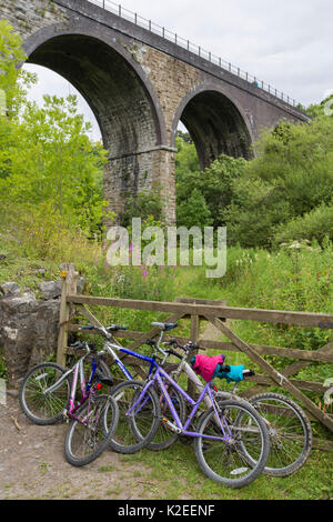 Les vélos garés près du viaduc d'une pierre tombale, une partie du sentier de randonnée à vélo, Monsal Parc national de Peak District, Derbyshire, Royaume-Uni Juillet Banque D'Images