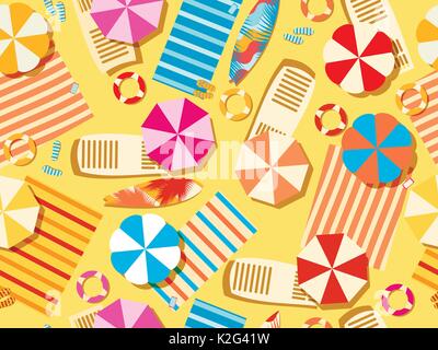 Une plage, vue d'en haut. Chaise longue avec parasol, planche de surf, des tongs et des couvre-lits. Vacances à la plage. Vector illustration Illustration de Vecteur