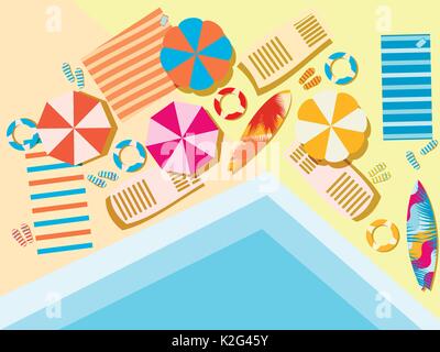 Piscine, Vue d'en haut. Des chaises longues et parasols contre le soleil, le repos à la piscine. Vector illustration Illustration de Vecteur