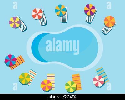 Piscine, Vue d'en haut. Des chaises longues et parasols contre le soleil, le repos à la piscine. Vector illustration Illustration de Vecteur