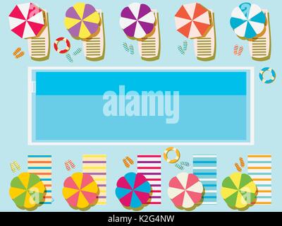 Piscine, Vue d'en haut. Des chaises longues et parasols contre le soleil, le repos à la piscine. Vector illustration Illustration de Vecteur