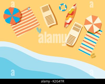 Plage, mer avec des vagues. Chaise longue avec parasol, de surf. Vue de dessus. Couvre-lit avec des tongs. Vector illustration Illustration de Vecteur