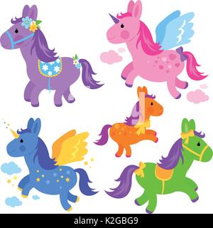 Mignons poneys et licornes. Mascotte de poney de dessin animé coloré. Mignons petits chevaux avec des ailes. Jeu d'illustrations vectorielles Illustration de Vecteur