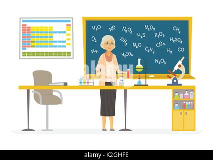 Professeur de chimie - caricature moderne caractères personnes illustration. Femme âgée dans la chambre avec des aides visuelles, Blackboard, flacons, microscope, Illustration de Vecteur