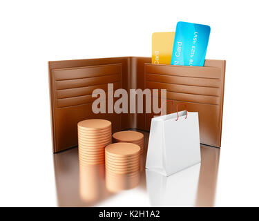 3d illustration. Cartes de crédit en portefeuille cuir avec sac et des piles de pièces. Concept commercial. Isolé sur fond blanc Banque D'Images