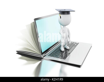 3d illustration. Livre ouvert se transforme en un ordinateur portable ouvert avec les blancs diplômé. E-learning, bibliothèque numérique et l'éducation en ligne concept. Wh isolé Banque D'Images