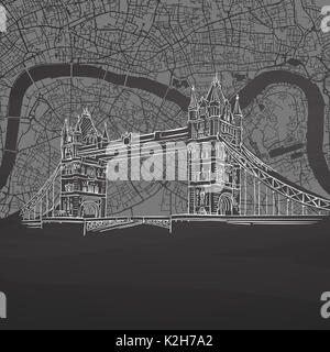 Carte de Londres et le Tower Bridge sur tableau, vector handdrawn sketch, propre, style vintage tableau noir. Banque D'Images