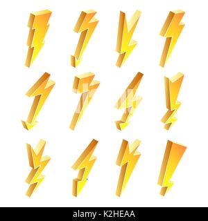 La foudre 3D Icons Vector Set. L'éclair jaune Cartoon illustration isolé. Symbole d'éclair. Inscrivez-électrique. Illustration de Vecteur