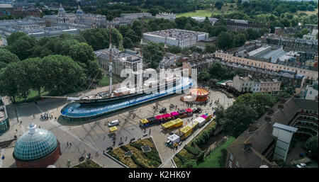 Vue aérienne de la célèbre plateau clipper Cutty Sark à Greenwich, Londres Banque D'Images