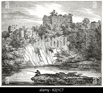 Vue ancienne de ruines du château de Chepstow, Angleterre. Par auteur non identifié, publié le Penny Magazine, Londres, 1835 Banque D'Images