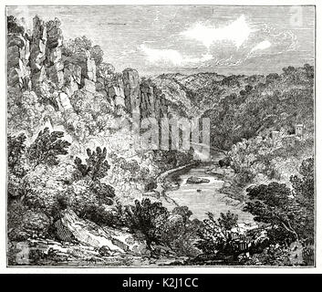 Vue ancienne de Coldwell, roches le long de la rivière Wye, au Pays de Galles. Par auteur non identifié, publié sur le Penny Magazine, Londres, 1835 Banque D'Images
