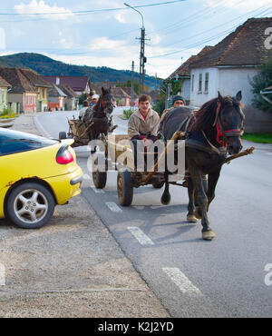 Les DANOIS, Roumanie - 05 octobre 2016 : les habitants de cheval volant panier sur une route dans un petit village roumain. Le gouvernement roumain prétend que 10 % des ac Banque D'Images