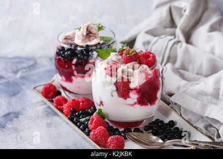 Dessert d'été traditionnels Eton Mess. La meringue brisée de crème fouettée, de confiture de framboises, bleuets frais et dans deux verres, décorés de Banque D'Images