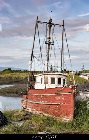 Vieux bateaux en bois abandonnés pourrissant siéger parmi les fleurs sauvages le long de la Baie d'Homer Spit sur Kamishak à Homer, Alaska. Banque D'Images