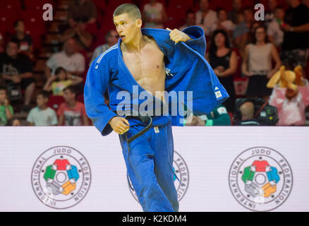 Budapest, Hongrie. Août 31, 2017. Le judoka tchèque Ivan Petr (photo) losts judoka hongrois Laszlo Csoknyai contre (pas sur la photo) pendant les huit finales de la catégorie -81 kg hommes au sein de Suzuki le championnat du monde de judo 2017 à Budapest, Hongrie, le 31 août 2017. Photo : CTK Vit Simanek/Photo/Alamy Live News Banque D'Images