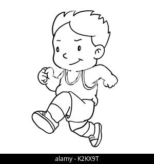 Dessin à la main du garçon runnin isolé sur fond blanc. Le noir et blanc simple ligne Vector Illustration pour livre de coloriage - Ligne dessinée Vector Illustration de Vecteur