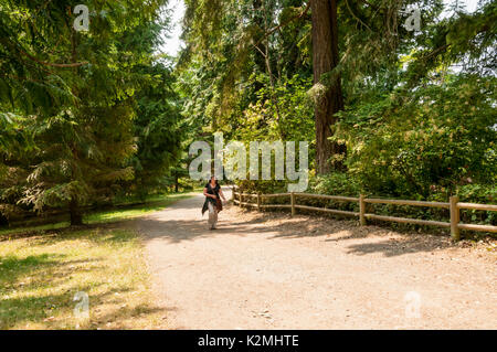 Une femme marche à travers l'un des chemins de Lincoln Park à West Seattle. Banque D'Images