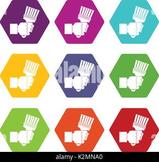 Main tenant une pince avec poignées de l'hexaèdre couleur icon set Illustration de Vecteur