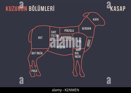 Morceaux de viande. Poster Butcher diagramme et schéma - Agneau. Typographie vintage dessinée à la main avec texte en turc - Kuzunun Bolumleri, Kasap. Schéma pour Illustration de Vecteur