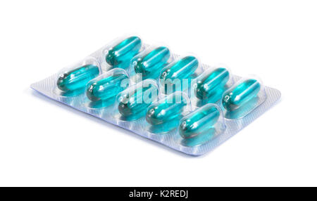 Comprimés Capsules capsule médicale , conditionnés dans des blisters, isolated on white Banque D'Images