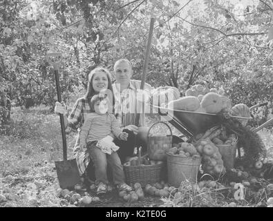 Heureux parents et l'enfant avec les légumes récoltés dans le jardin Banque D'Images