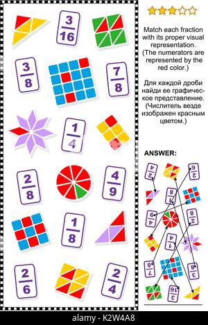 Énigme mathématique d'enseignement pour l'apprentissage et l'enseignement fractions : Correspondre à chaque fraction de sa bonne représentation visuelle. Réponse inclus. Illustration de Vecteur