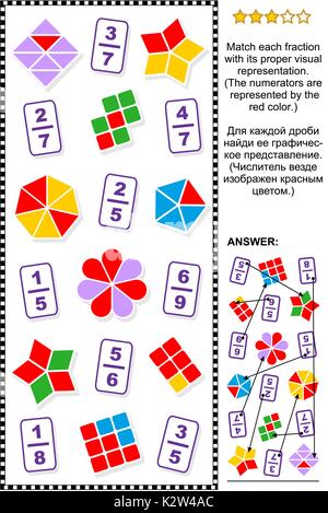 Énigme mathématique d'enseignement pour l'apprentissage et l'enseignement fractions : Correspondre à chaque fraction de sa bonne représentation visuelle. Réponse inclus. Illustration de Vecteur