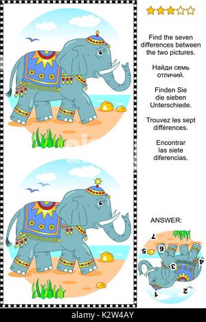 Photo puzzle : Trouvez les sept différences entre les deux photos de l'éléphant joliment décorées, marcher le long du bord de mer. Réponse inclus. Illustration de Vecteur