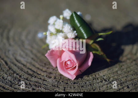 Petit bouquet de rose rose vif pour boutonnière utilisé pour le marié et les invités du mariage placé sur un timbre, de lumière naturelle Banque D'Images