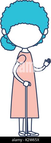 Caricature sans visage corps plein femme âgée avec robe en bâton de marche avec bun curly hairstyle côté dans la section couleur ossature Illustration de Vecteur