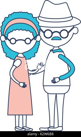 Caricature de tout le corps sans visage vieux couple grand-mère avec dentelle et curly hairstyle en robe et grand-père avec chapeau et lunettes dans la section couleur ossature Illustration de Vecteur