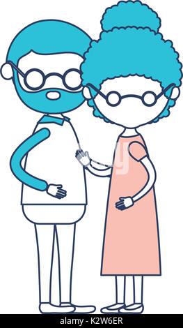 Caricature de tout le corps sans visage vieux couple grand-père barbu avec des lunettes et grand-mère avec bun curly hairstyle dans dans la section couleur robe silhouette Illustration de Vecteur