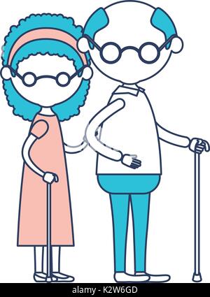 Caricature de tout le corps sans visage couple âgé avec des lunettes en bâton de marche et de sa grand-mère avec curly hairstyle en robe et grand-père dans la section couleur ossature Illustration de Vecteur