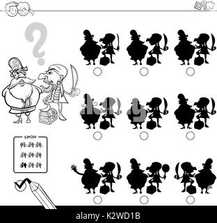 Cartoon noir et blanc Illustration de la recherche de l'ombre sans différences activité éducative pour les enfants avec deux pirates personnages fantastiques C Illustration de Vecteur