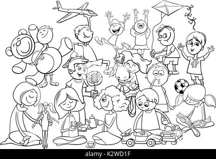 Illustration Cartoon noir et blanc d'enfants jouant avec des jouets Groupe Caractères Coloring Book Illustration de Vecteur