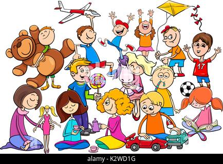 Cartoon Illustration d'enfants groupe de personnages jouant avec des jouets Illustration de Vecteur